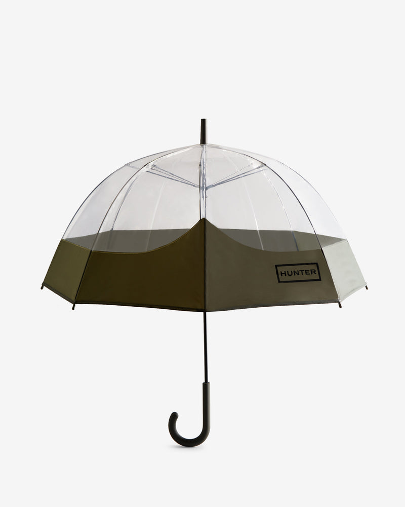 Displays the Dark Olive 'Hunter' branded Transparent Moustache Bubble Umbrella