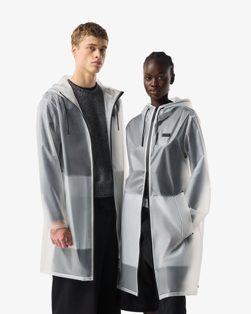 Displays two models wearing Andrea Clear Matte 'Hunter' branded Unisex Downpour PU Rain Coat