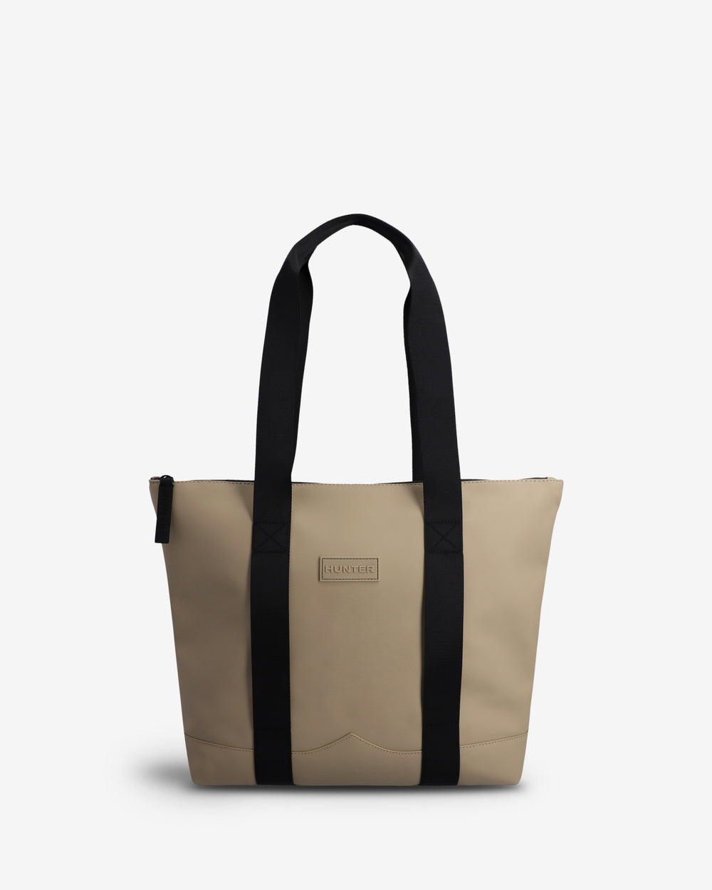 A beige tote bag with black shoulder straps and a small rectangular 'Hunter' brand plaque on the front, photographed against a clean white background.