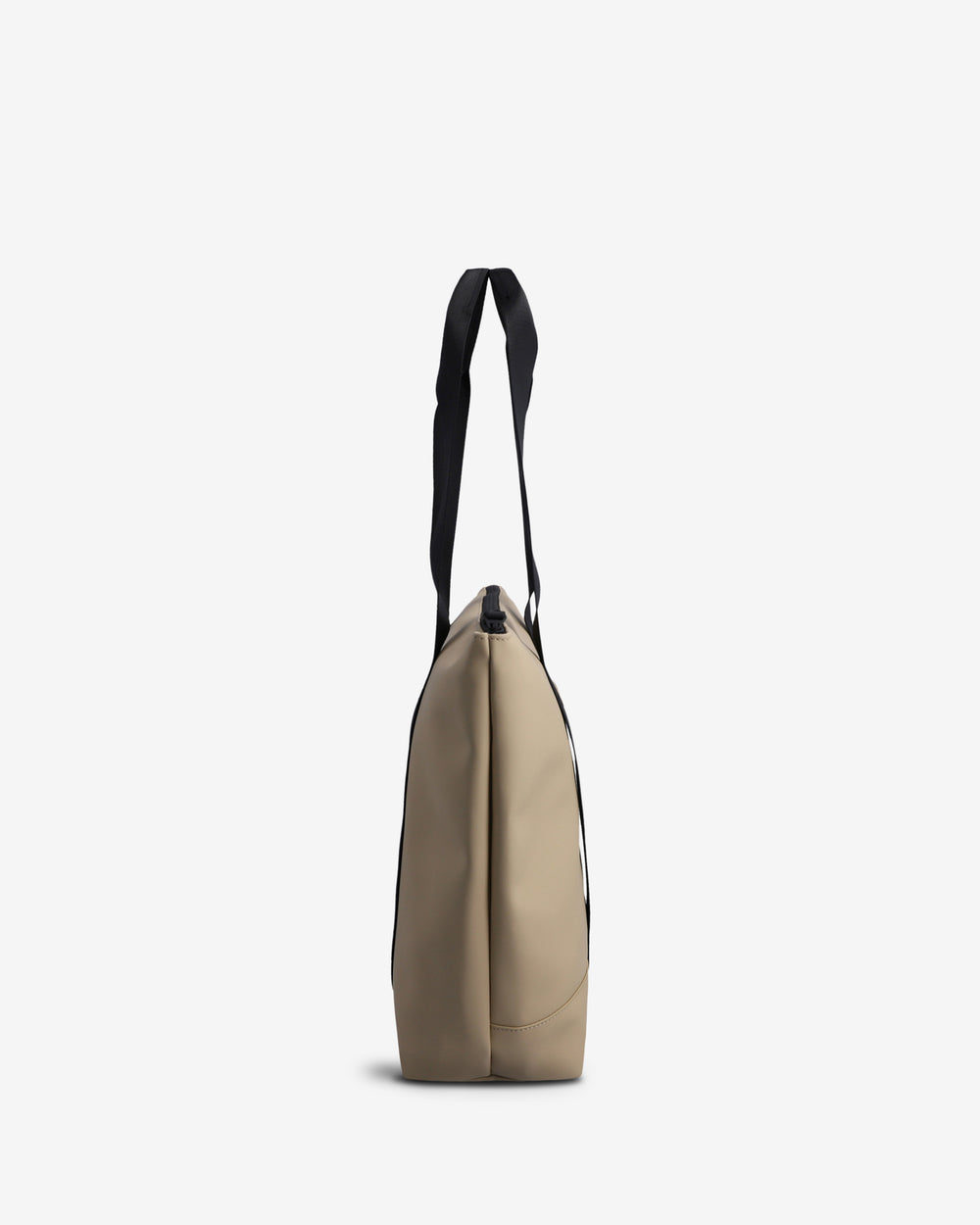 A side profile view of a beige tote bag with a black shoulder strap, shown against a plain light gray background.