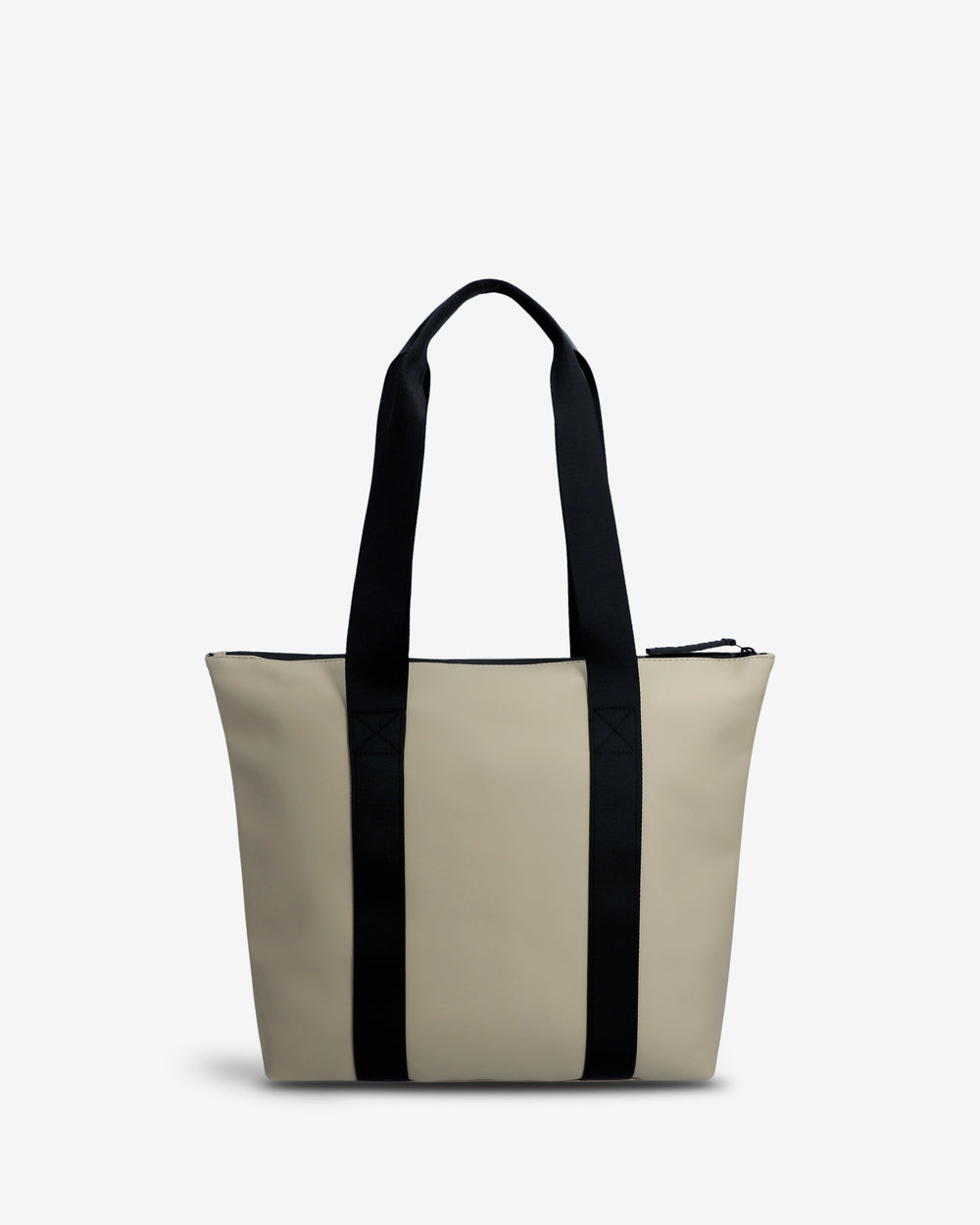 A structured tote bag in light beige with two prominent black vertical side straps and black shoulder handles, shown against a plain white background.