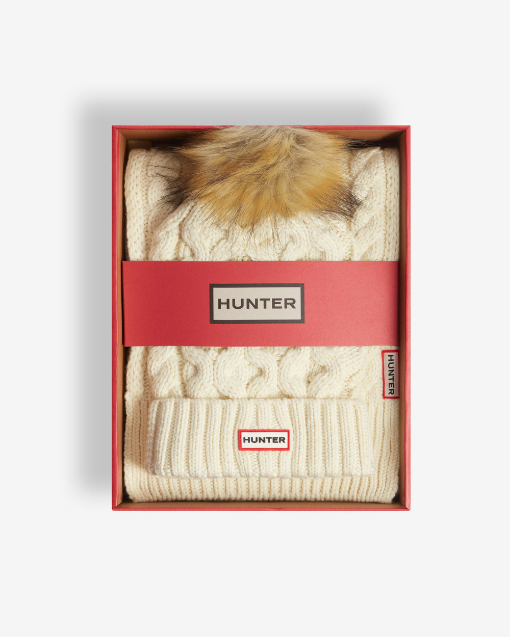 Unisex Antique White Cable Knit Fur Pom Beanie & Scarf Box Set