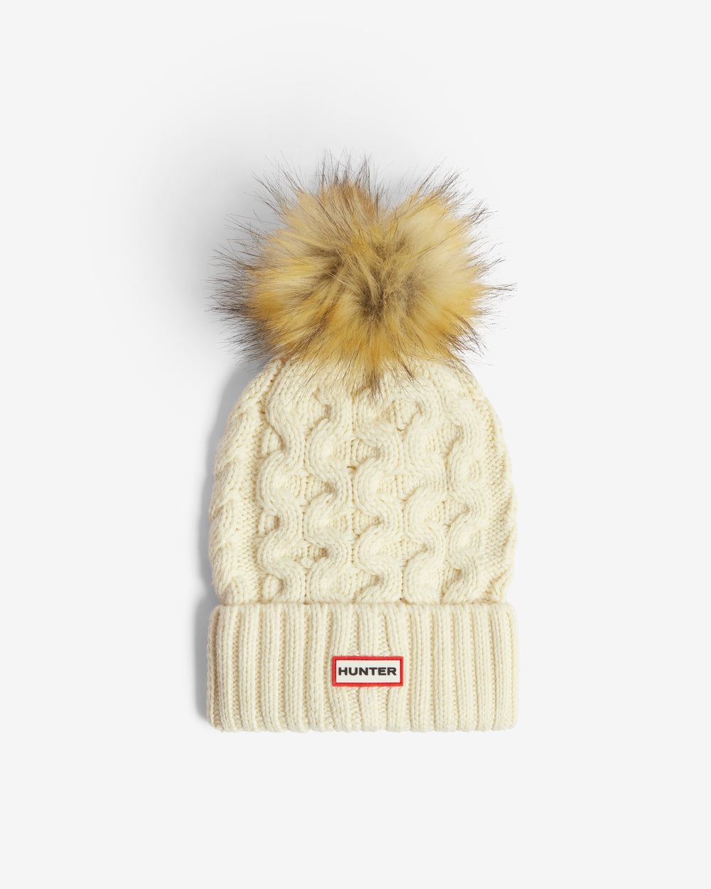 Unisex Antique White Cable Knit Fur Pom Beanie & Scarf Box Set