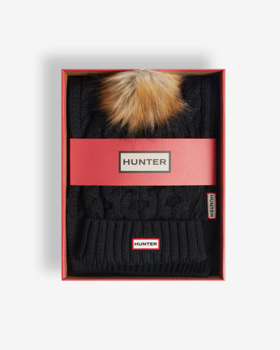 Unisex Black Cable Knit Fur Pom Beanie & Scarf Box Set