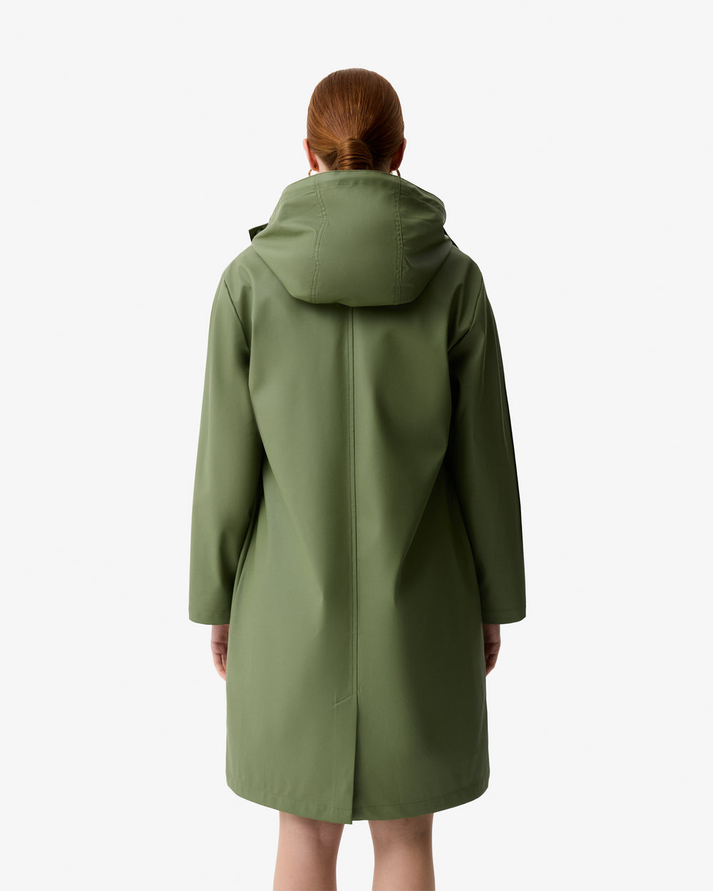 Displays a model wearing the Olive Ellis 'Hunter' branded Women's Olive Ellis PU Raincoat