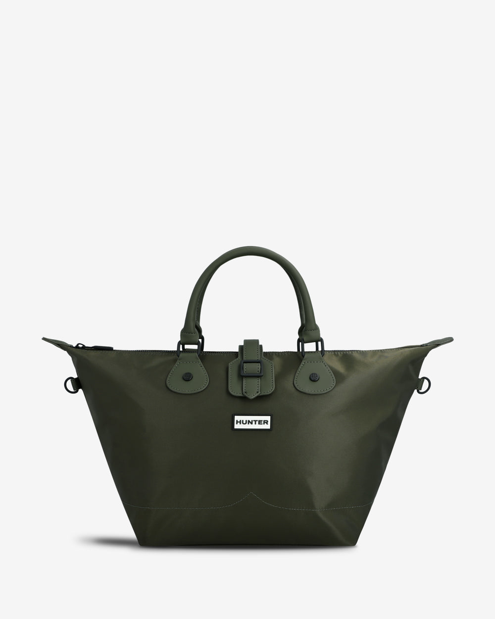 An olive green Hunter tote bag with dual top handles, a front buckle closure, and a small white Hunter logo patch, shown on a light gray background.