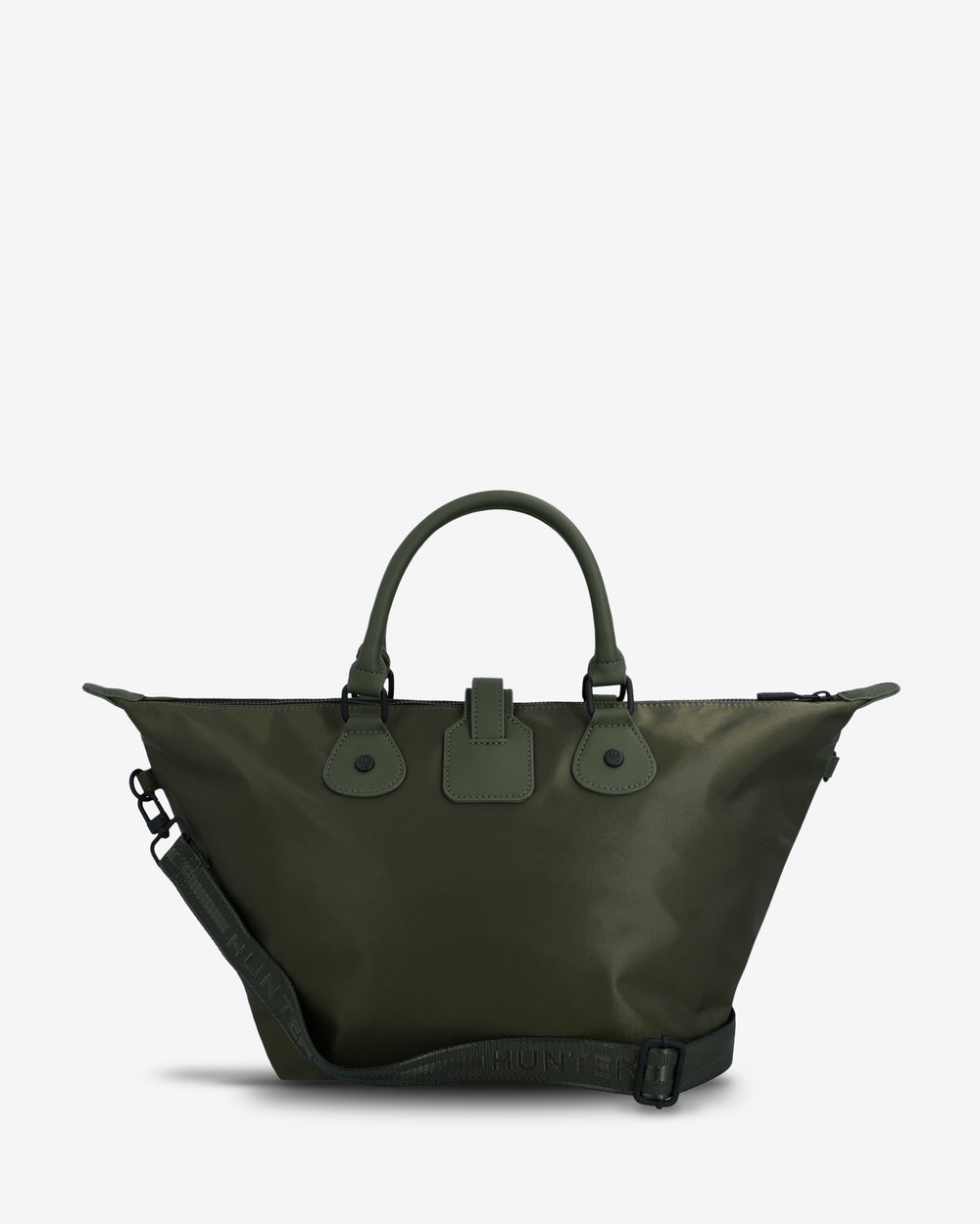 An olive green nylon tote bag with dual top handles, a matching green leather tab closure, and a black adjustable shoulder strap, shown against a plain light gray background.