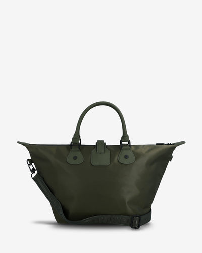 An olive green nylon tote bag with dual top handles, a matching green leather tab closure, and a black adjustable shoulder strap, shown against a plain light gray background.