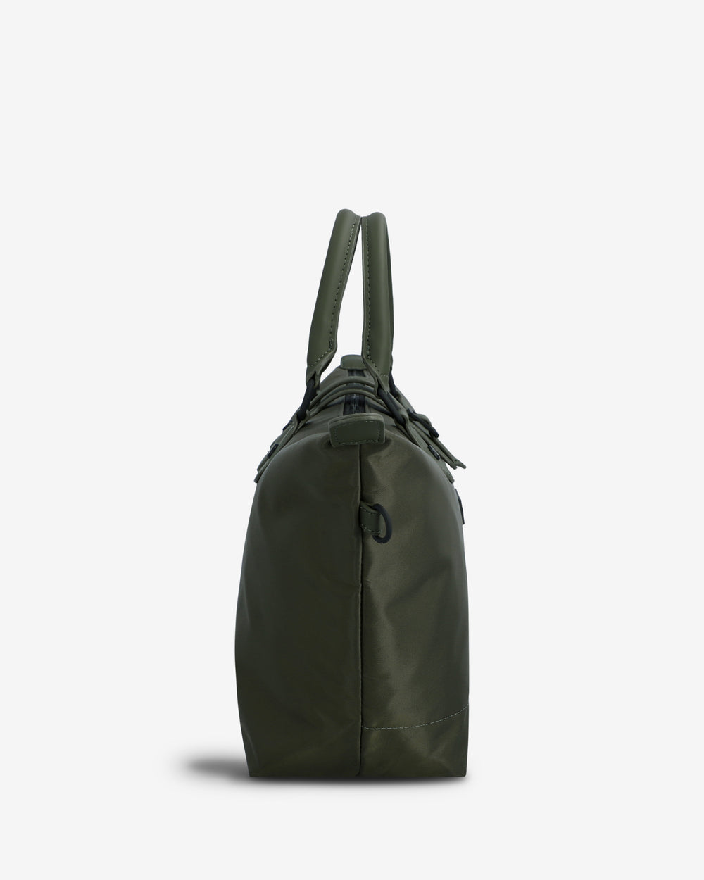 An olive green nylon duffel bag shown from the side profile against a light gray background.