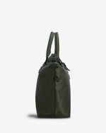 An olive green nylon duffel bag shown from the side profile against a light gray background.