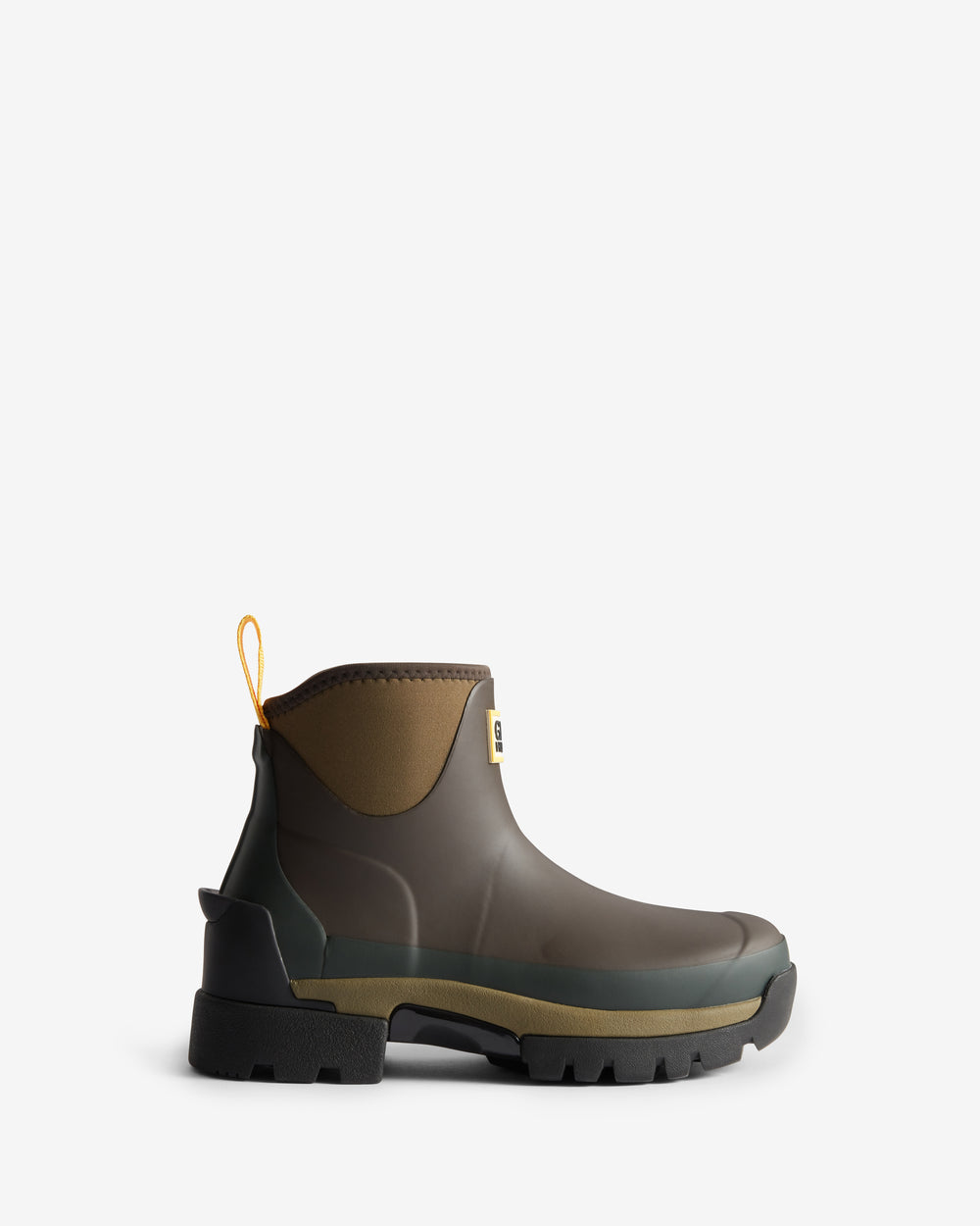 Displays the Chocolate Brown 'Hunter' branded women's GANNI X Hunter Balmoral Ankle Boot