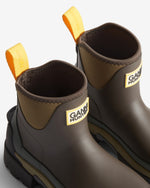 Displays a pair of the Chocolate Brown 'Hunter' branded women's GANNI X Hunter Balmoral Ankle Boot