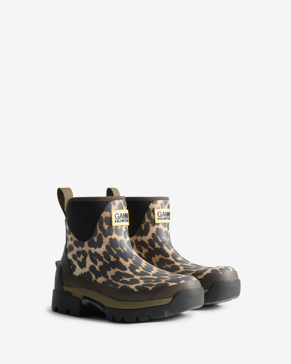 Displays a pair of the Leopard 'Hunter' branded Women's GANNI X Hunter Balmoral Ankle Boot