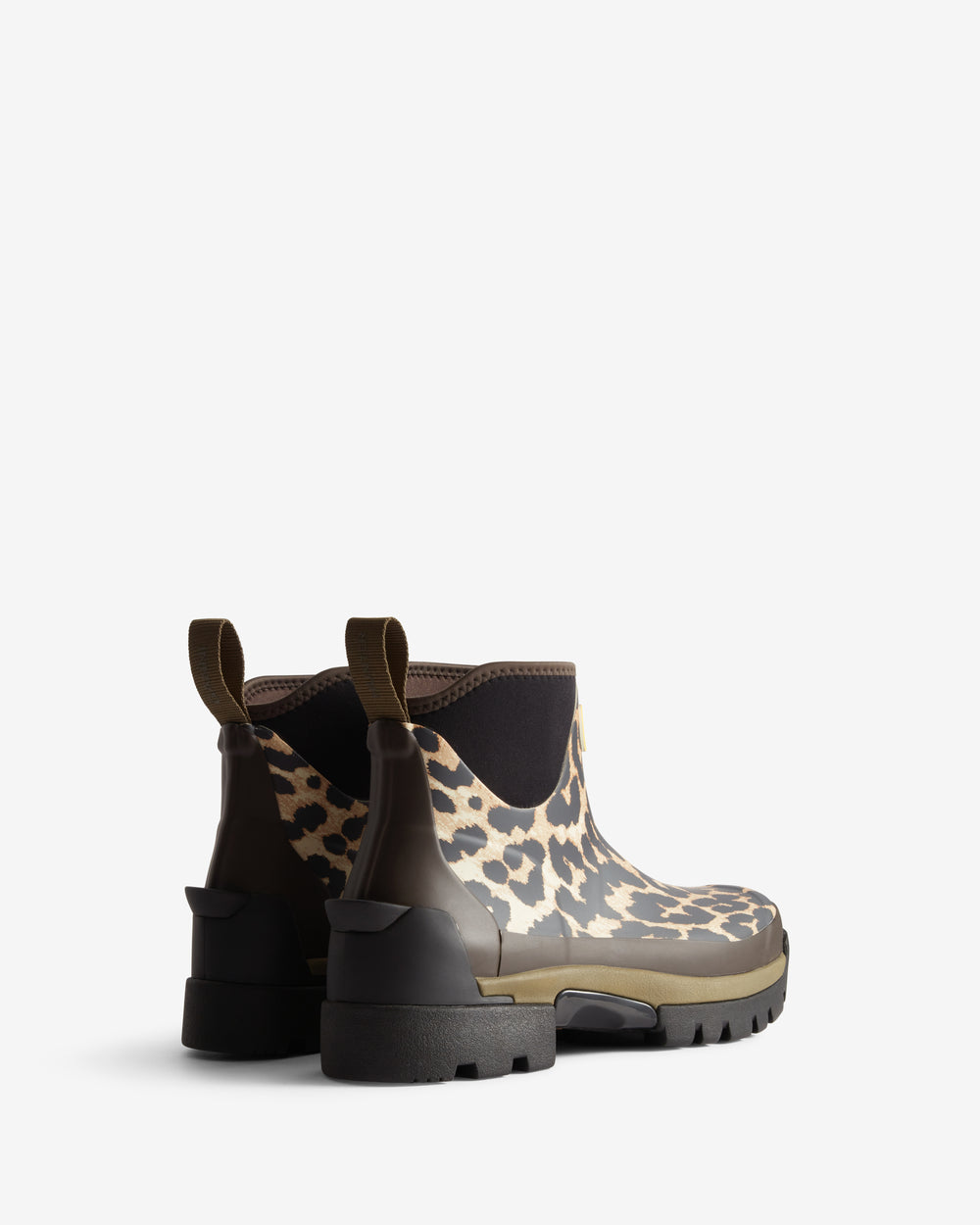 Displays a pair of the Leopard 'Hunter' branded Women's GANNI X Hunter Balmoral Ankle Boot