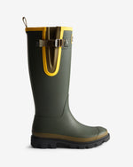 Displays the Dark Olive 'Hunter' branded Unisex GANNI X Hunter Tall Adjustable Downpour Wellington Boot