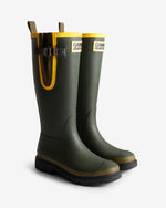 Displays a pair of the Dark Olive 'Hunter' branded Unisex GANNI X Hunter Tall Adjustable Downpour Wellington Boot