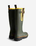 Displays a pair of the Dark Olive 'Hunter' branded Unisex GANNI X Hunter Tall Adjustable Downpour Wellington Boots