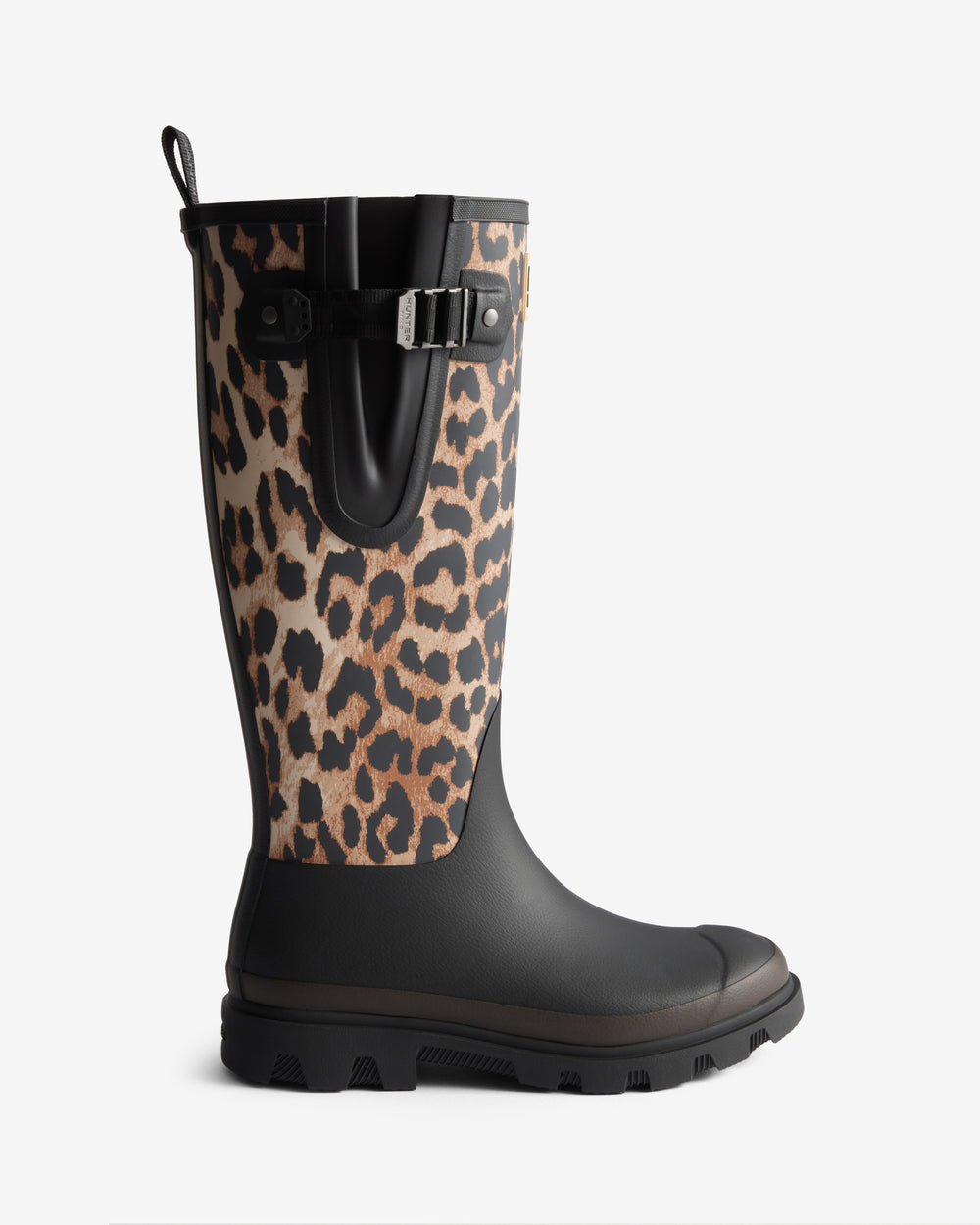 Displays the Leopard 'Hunter' branded unisex Leopard GANNI X Hunter Tall Adjustable Downpour Wellington Boot