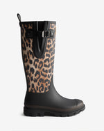 Displays the Leopard 'Hunter' branded unisex Leopard GANNI X Hunter Tall Adjustable Downpour Wellington Boot