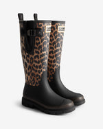 Displays a pair of the Leopard 'Hunter' branded unisex Leopard GANNI X Hunter Tall Adjustable Downpour Wellington Boot