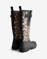 Displays a pair of the Leopard 'Hunter' branded unisex Leopard GANNI X Hunter Tall Adjustable Downpour Wellington Boot