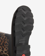 Displays the sole of the Leopard 'Hunter' branded unisex Leopard GANNI X Hunter Tall Adjustable Downpour Wellington Boot
