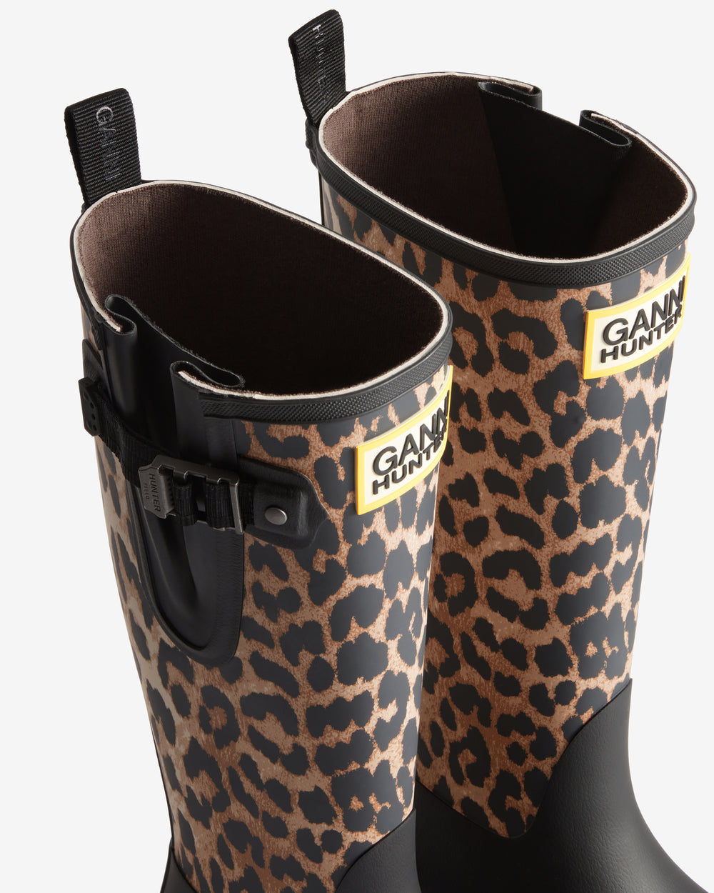 Displays a pair of the Leopard 'Hunter' branded unisex Leopard GANNI X Hunter Tall Adjustable Downpour Wellington Boot
