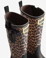 Displays a pair of the Leopard 'Hunter' branded unisex Leopard GANNI X Hunter Tall Adjustable Downpour Wellington Boot