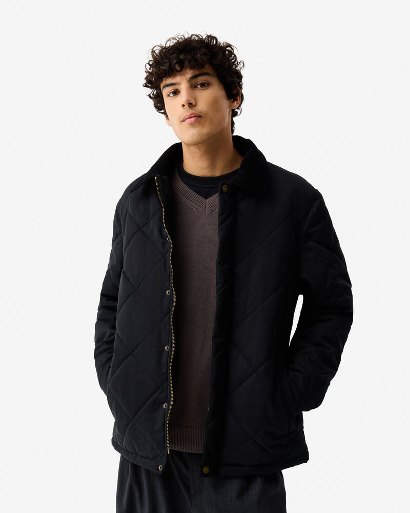 Displays a model wearing Black 'Hunter' branded Men's Ardwell Quilted Jacket