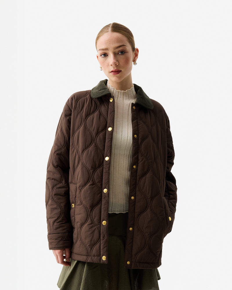 Displays a model wearing the Chocolate Brown 'Hunter' branded Women’s Witton Quilted Shacket