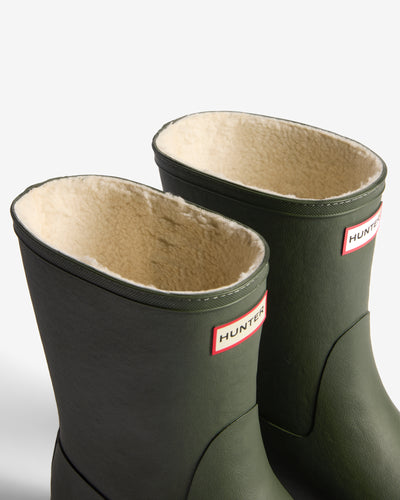 Displays a pair of the Green 'Hunter' branded Unisex Downpour Short Insulated Wellington Boots