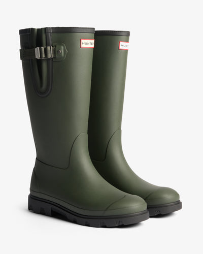 Displays a pair of the Green 'Hunter' branded Unisex Field Downpour Adjustable Neoprene Lined Wellington Boots