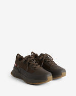 A pair of Hunter low-top sneakers in dark brown with textured laces, a dark brown midsole with embossed branding, and a gum outsole, shown on a light background.
