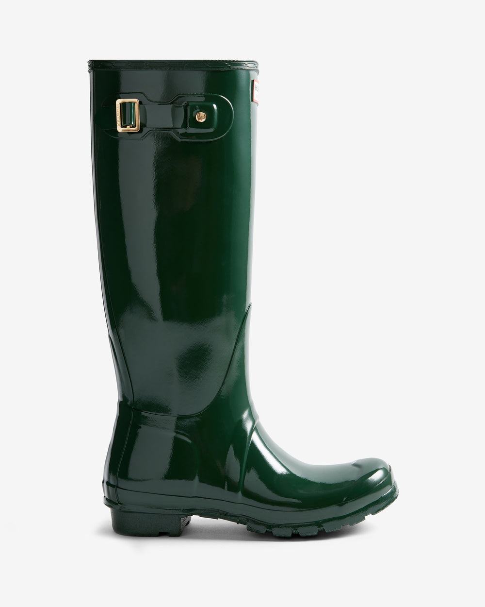 Green rain boot with a buckle on a white background