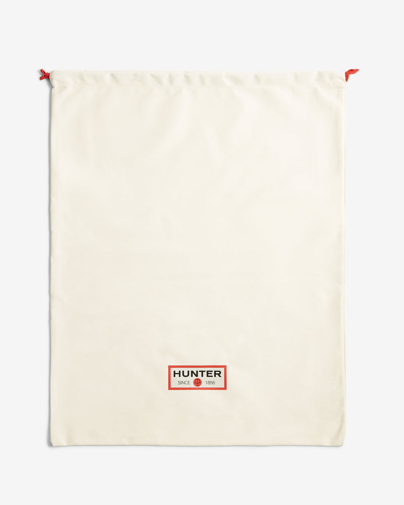 Beige drawstring bag with 'Hunter' logo on a white background