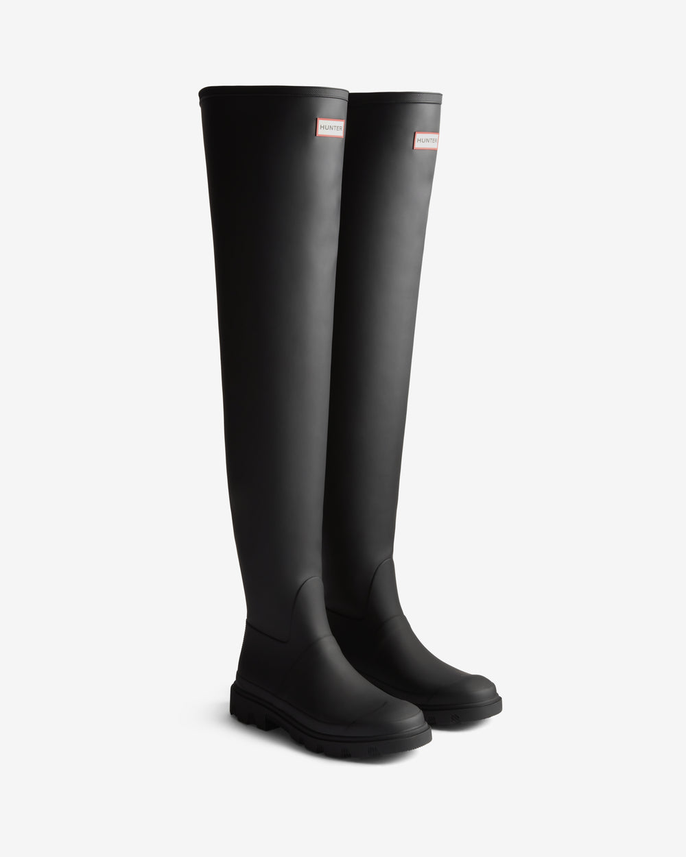 Displays a pair of the Black 'Hunter' branded Women's Downpour Wader Tall Wellington Boots