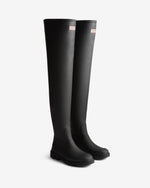 Displays a pair of the Black 'Hunter' branded Women's Downpour Wader Tall Wellington Boots