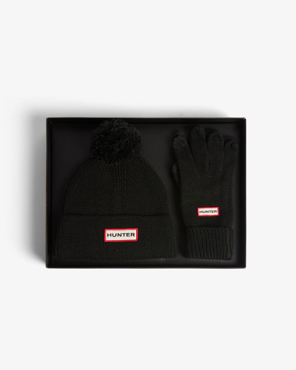 Unisex Black Ribbed Pom Beanie/Gloves Box Set