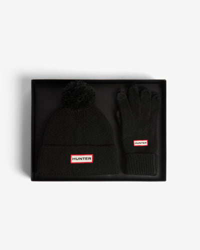 Unisex Black Ribbed Pom Beanie/Gloves Box Set