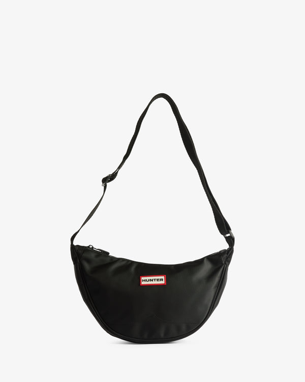Displays the Black 'Hunter' branded Claymorie Nylon Sling Crossbody Bag