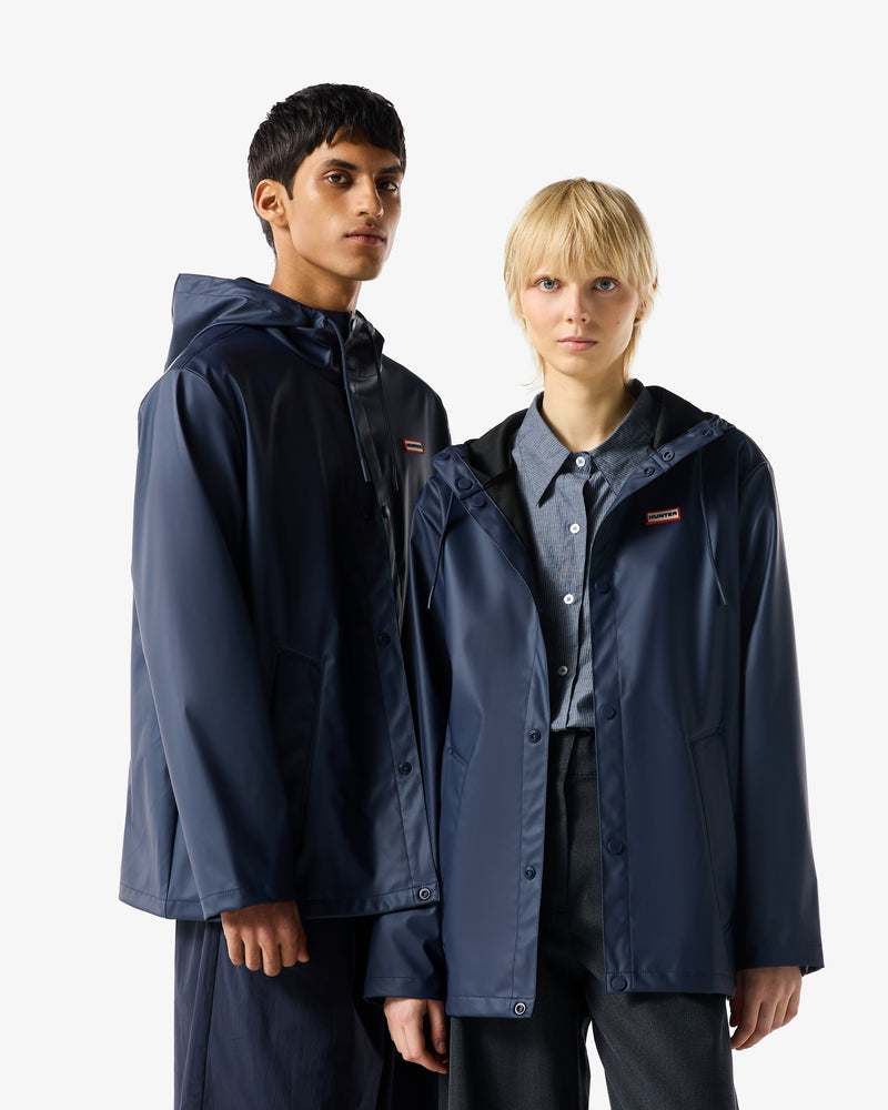Displays two models wearing the Nightsky 'Hunter' branded Unisex Downpour Izzy PU Hooded Jacket