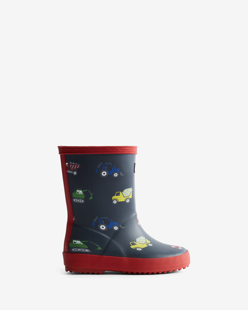 Displays the Kids Navy 'Hunter' branded Original Construction Print Wellington Boot