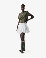 Displays a model wearing the Kambaba Green 'Hunter' branded Women's Essentials Logo Boxy Cropped T-Shirt