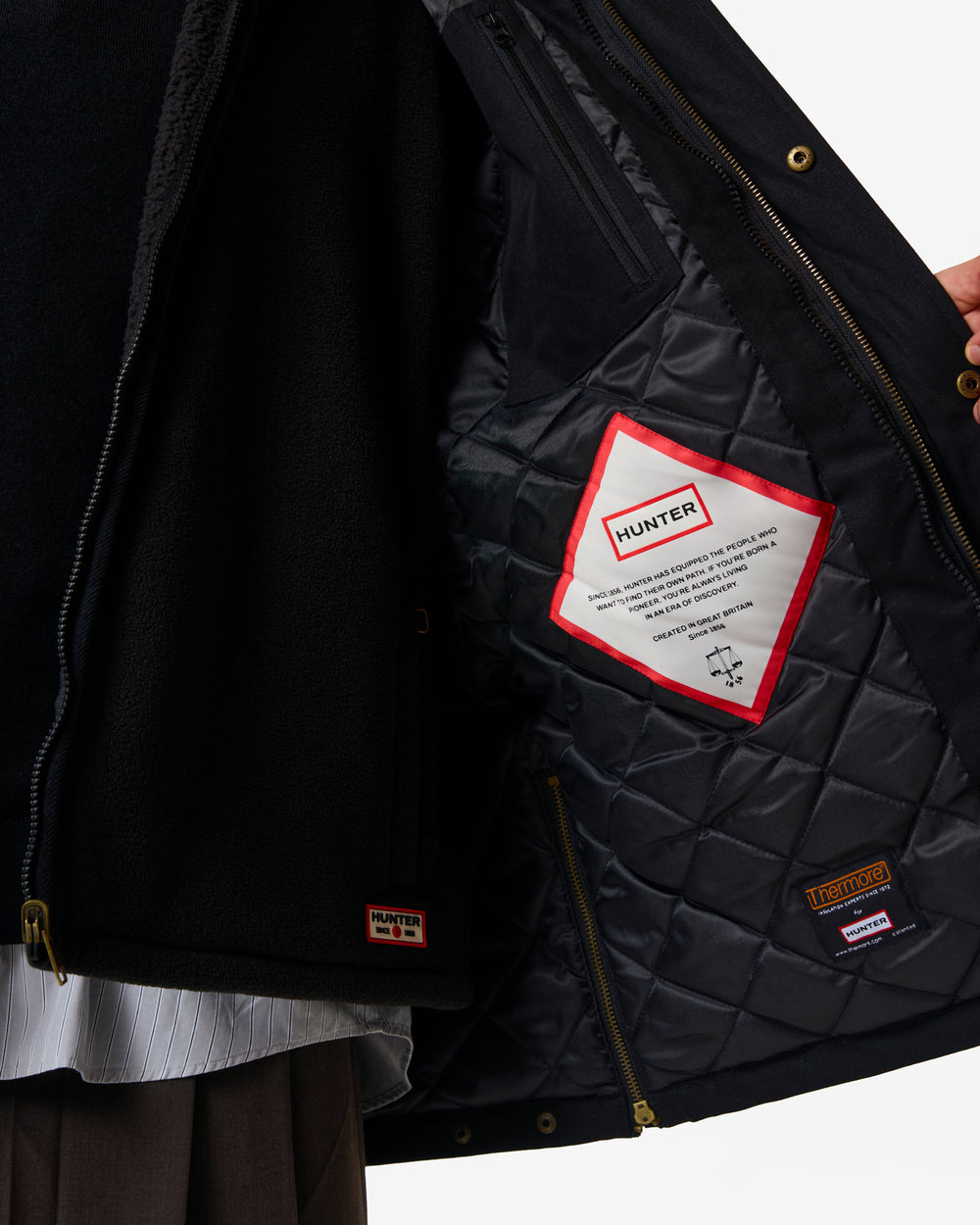 Displays a model wearing the Black 'Hunter' branded Men's Original 170 Yrs Anniversary Jacket featuring the close up on the details and the hunter branding 