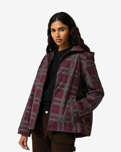 Displays a model wearing the Port Royale 'Hunter' branded Women's Original Waterproof Tartan Jacket