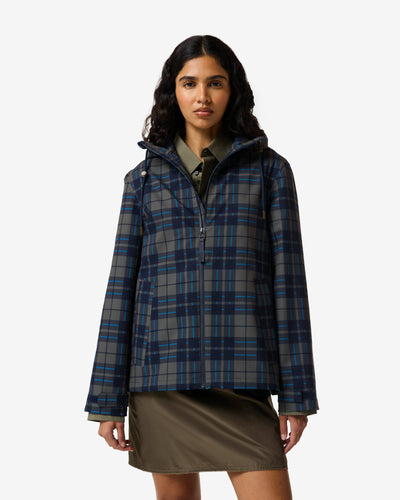 Displays a model wearing the kambaba 'Hunter' branded Women's Original Waterproof Tartan Jacket