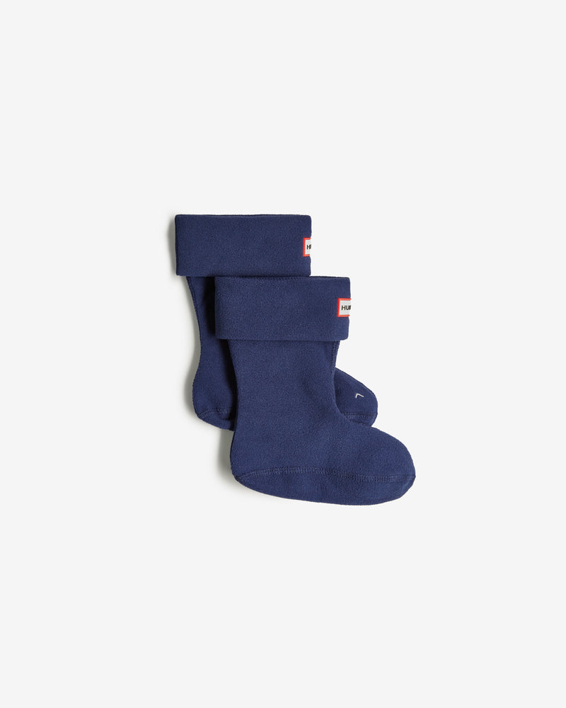 Displays the kids navy 'Hunter' branded Recycled Fleece Cuff Boot Socks