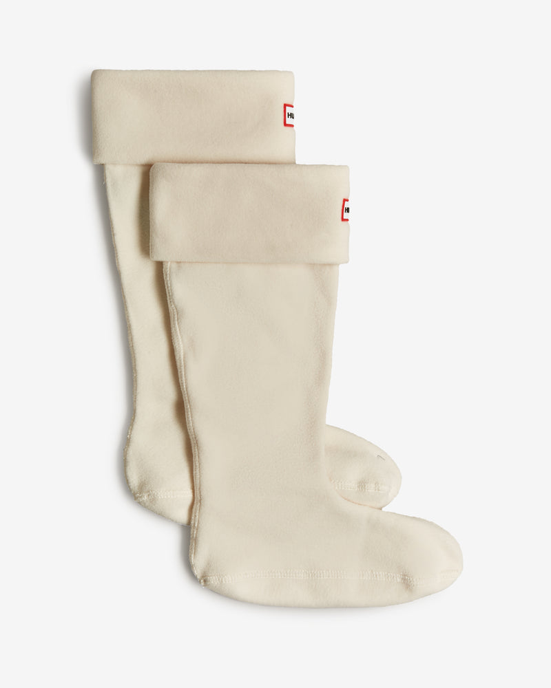 Displays a pair of White 'Hunter' branded Recycled Fleece Cuff Tall Boot Socks