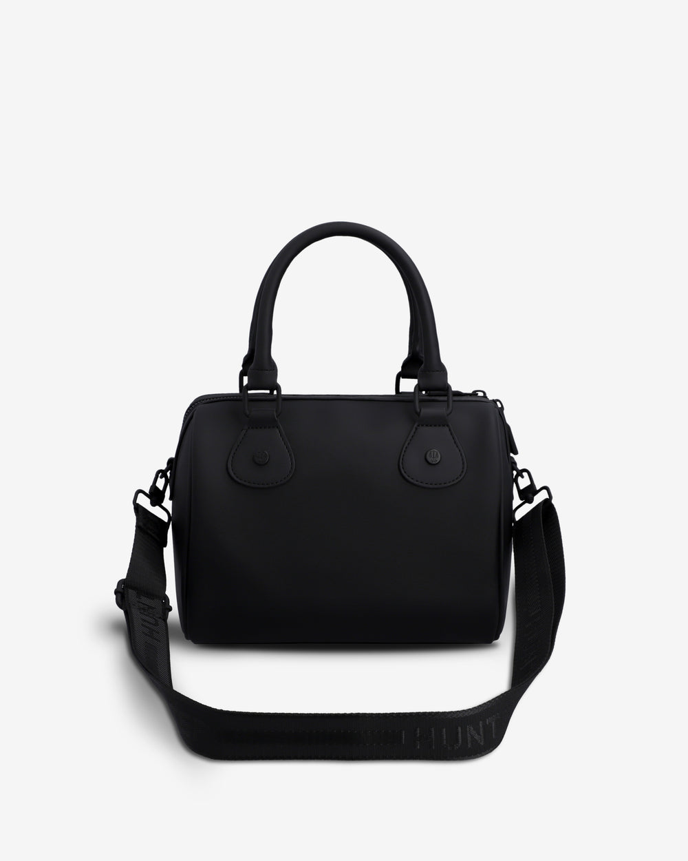 A black leather handbag with top handles and a detachable shoulder strap, photographed against a clean white background.