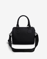 A black leather handbag with top handles and a detachable shoulder strap, photographed against a clean white background.